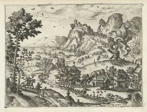 Landschap met valkenjacht by Unknown, print, 1570-1580