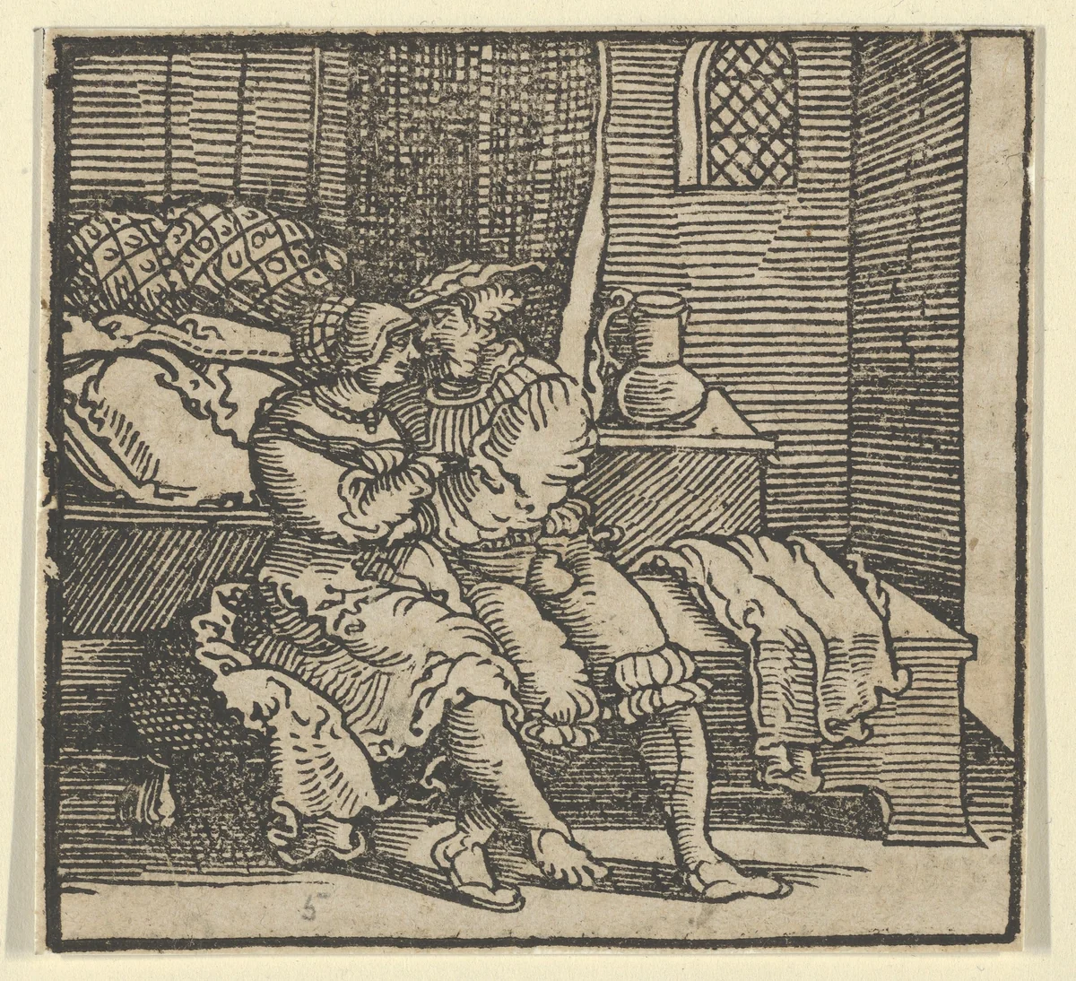 Spinneloccio Locked up in a Chest, on which his Wife and Zeppa are Seated, from The Decameron by Hans Schäufelein, print, 1534