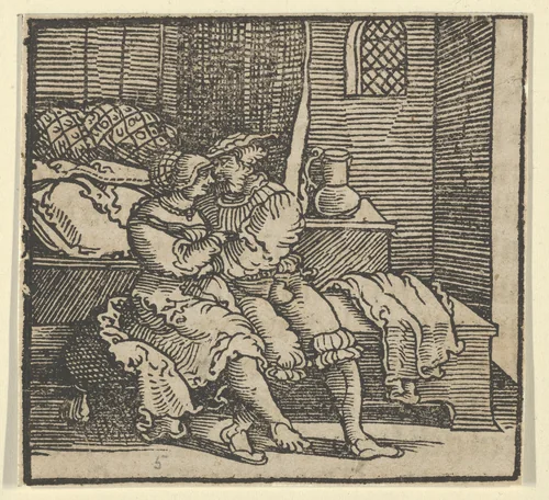 Spinneloccio Locked up in a Chest, on which his Wife and Zeppa are Seated, from The Decameron by Hans Schäufelein, print, 1534