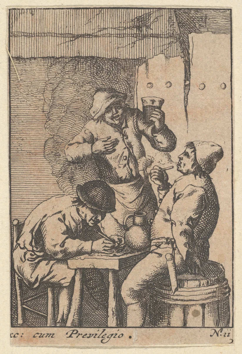 Singer Standing Between Two Smokers by Adriaen van Ostade, print, 1610-1685