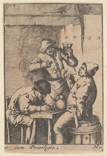 Singer Standing Between Two Smokers by Adriaen van Ostade, print, 1610-1685