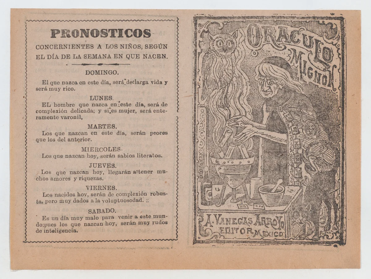 Cover for 'Oraculo Mignon', a witch brewing a potion in a cauldron by José Guadalupe Posada, print, 1875-1915