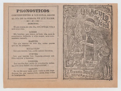 Cover for 'Oraculo Mignon', a witch brewing a potion in a cauldron by José Guadalupe Posada, print, 1875-1915