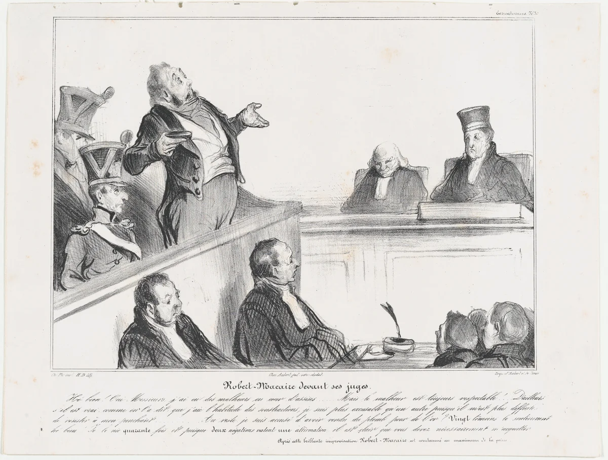 Plate 30: Robert Macaire before his judges, from 'Caricaturana,' published in Les Robert Macaires by Honoré Daumier, print, 1838