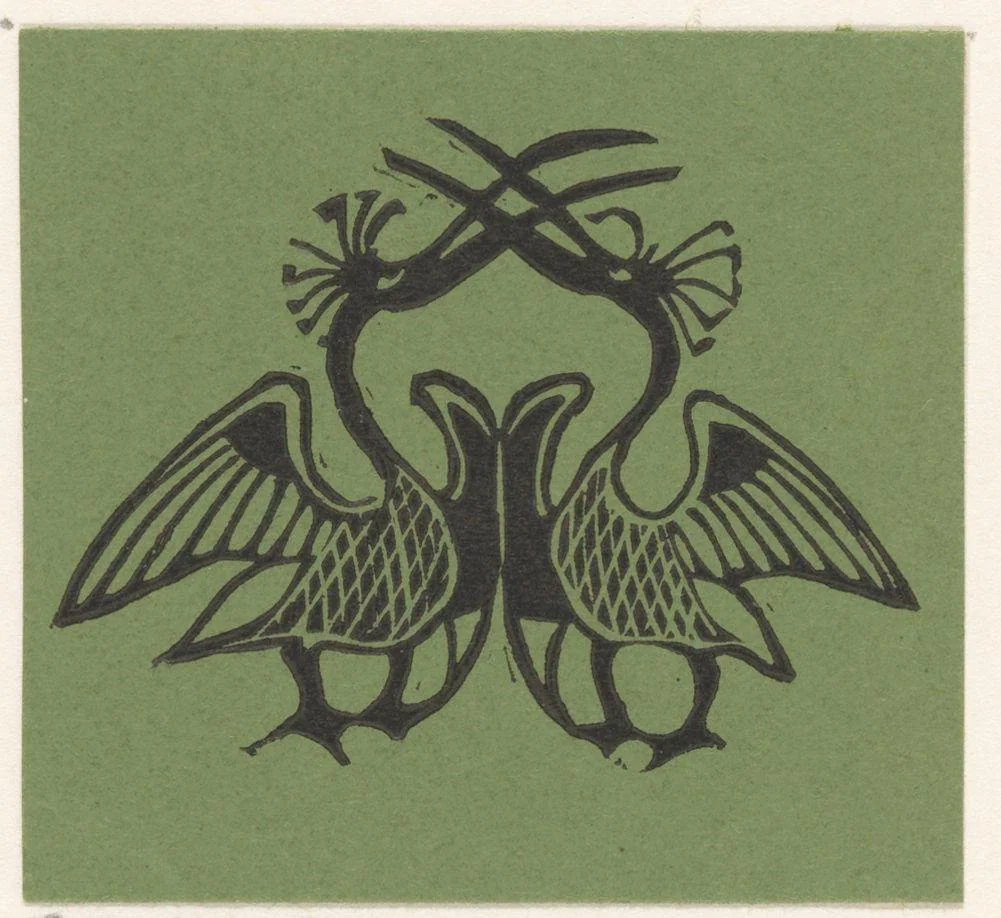 Vignet met twee exotische vogels by Gerrit Willem Dijsselhof, print, 1892