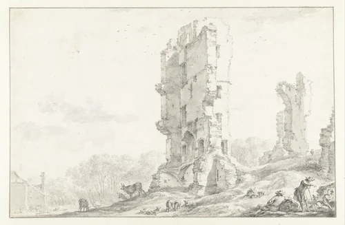 Gezicht op ruïne van het Huis te Kleef bij Haarlem by Nicolaes Pietersz Berchem, drawing, 1630-1683