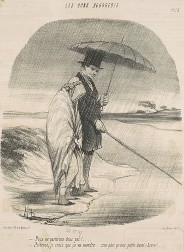 Nous ne partirons donc pas! -Hortense, je crois que ça va mordre . . . Rien plus qu'une petite demi-heure! by Honoré Daumier, print, 1847