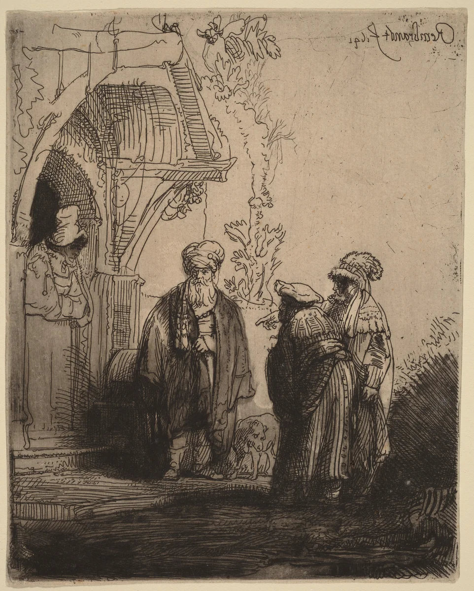 Three Oriental Figures (Jacob and Laban?) by Rembrandt van Rijn, print, 1641