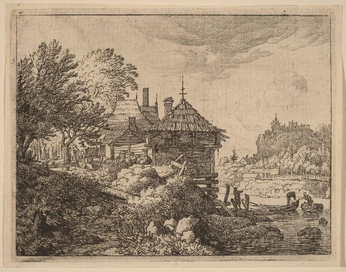 Two Boats Approaching a Hut by Allart van Everdingen, print, 1645-1656