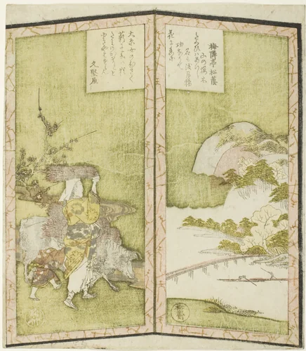 Landscape and Oharame (a woman from Ohara), from an untitled hexaptych depicting a pair of folding screens by Ryuryukyo Shinsai, print, 1820-1830