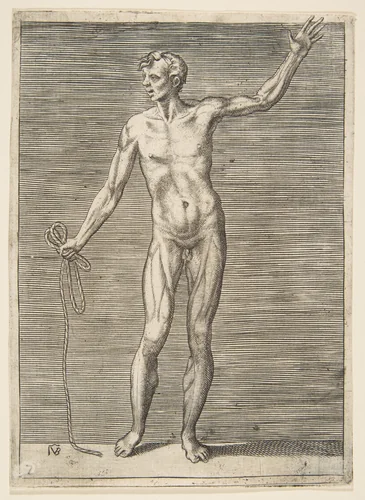 Man seen from the Front, holding a Rope in his right Hand by Giulio Bonasone, print, 1531-1590