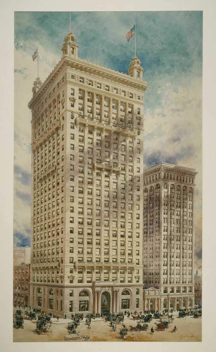 Land Title and Trust Building with Addition, Philadelphia, Pennsylvania, Perspective Rendering by Hughson Hawley, drawing, 1897-1904