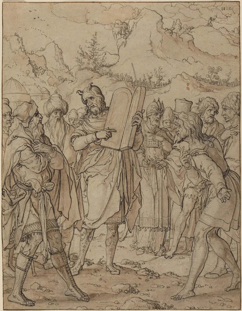 Moses Delivering God's Commandments to the Israelites by Jan Swart, drawing, 1500-1553
