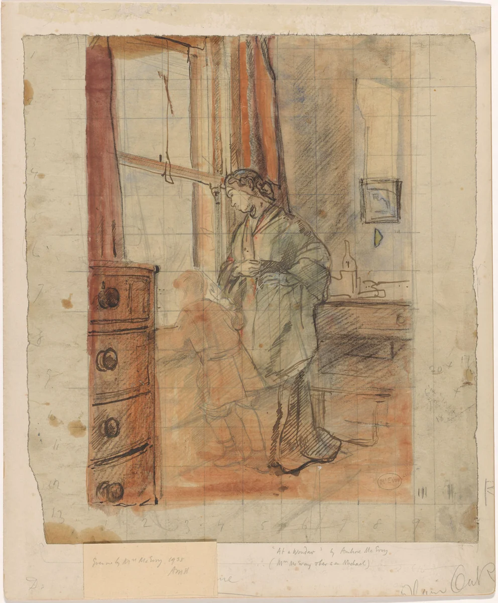 Mrs. Mc Evoy en haar zoon Michael staande bij een raam by Ambrose Arthur MacEvoy, drawing, 1900-1927