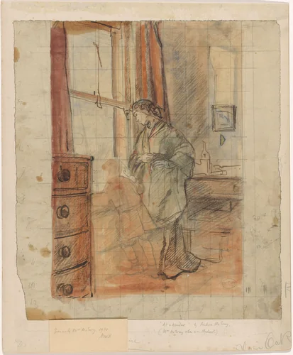 Mrs. Mc Evoy en haar zoon Michael staande bij een raam by Ambrose Arthur MacEvoy, drawing, 1900-1927