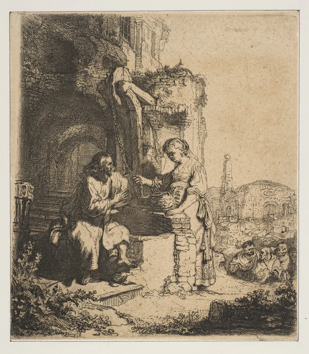 Christ and the Woman of Samaria among Ruins by Rembrandt van Rijn, print, 1634