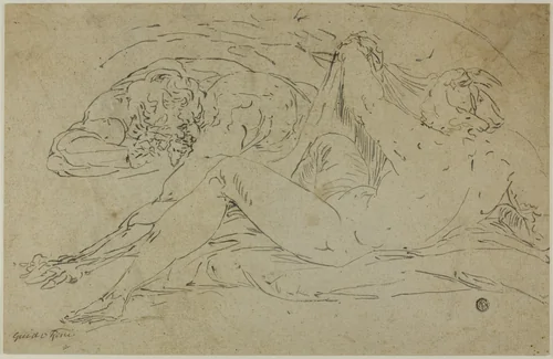 Nymph and Satyr by Luca Cambiaso, drawing, 1560-1585