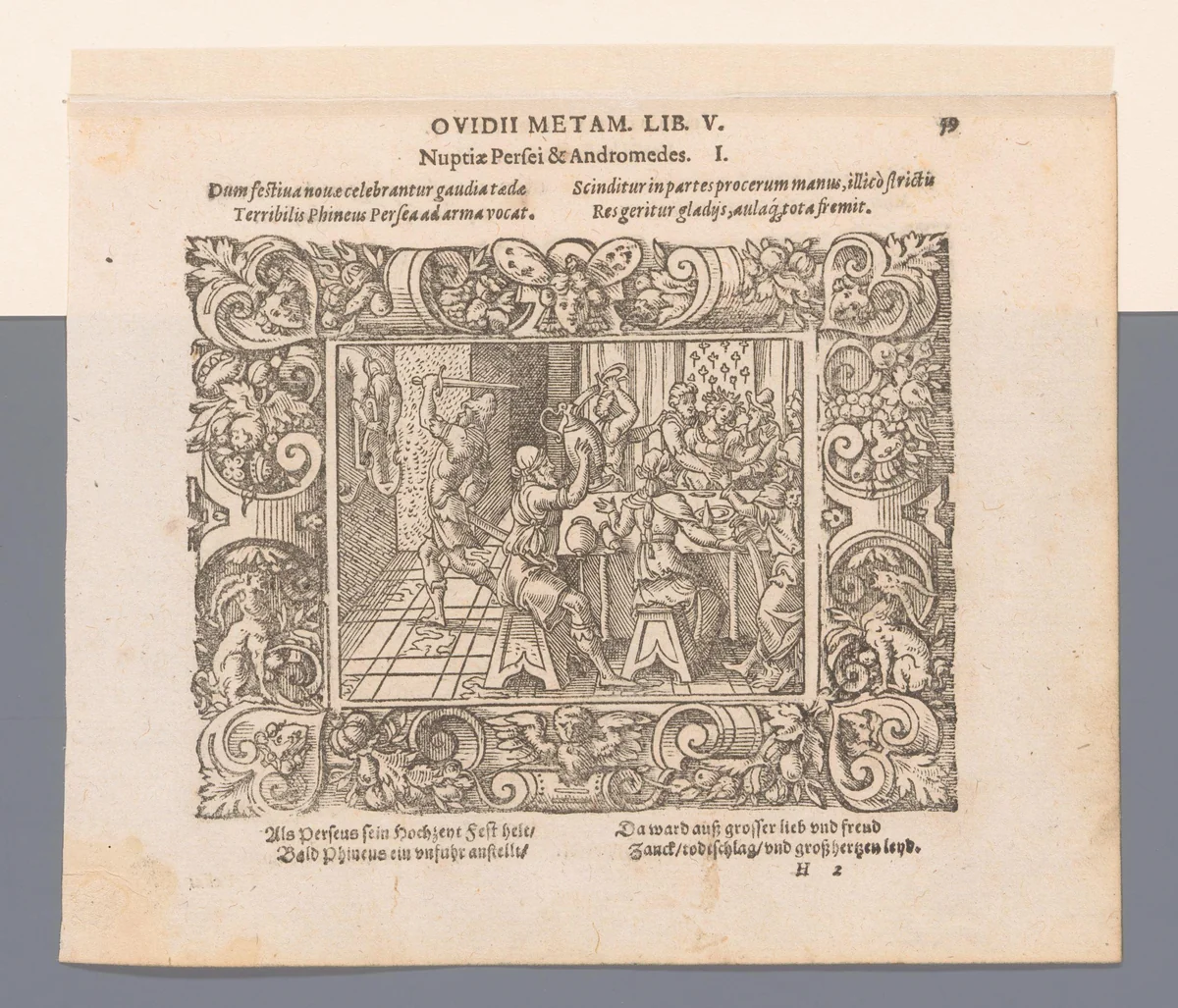 Phineus verstoort de bruiloft van Perseus en Andromeda by Virgilius Solis, print, 1569