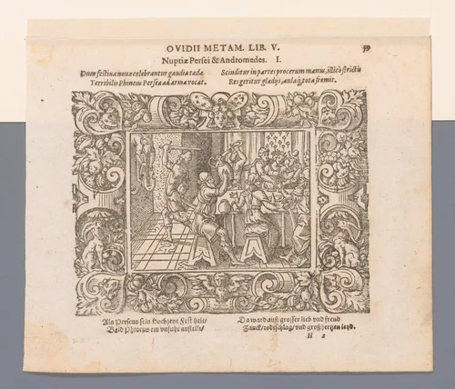 Phineus verstoort de bruiloft van Perseus en Andromeda by Virgilius Solis, print, 1569