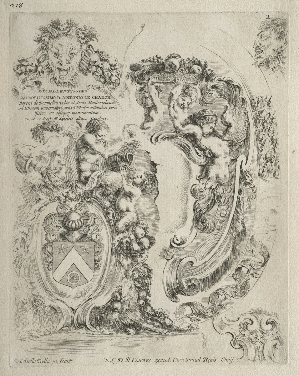 Collection of Various Caprices and New Designs of Cartouches and Ornaments: No. 2, Dedication Page by Stefano della Bella, print, 1646