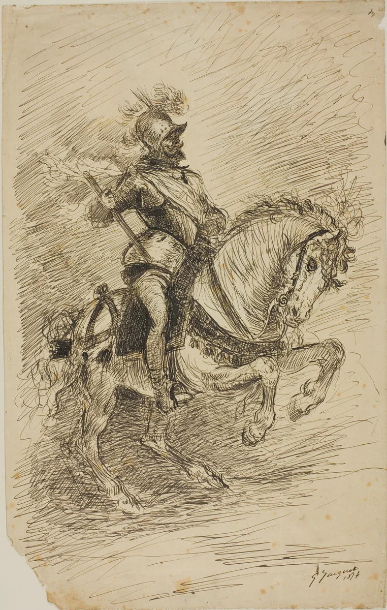 Cavalier on Horseback by Jules Jacquet, drawing, 1874
