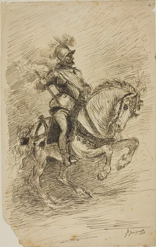 Cavalier on Horseback by Jules Jacquet, drawing, 1874