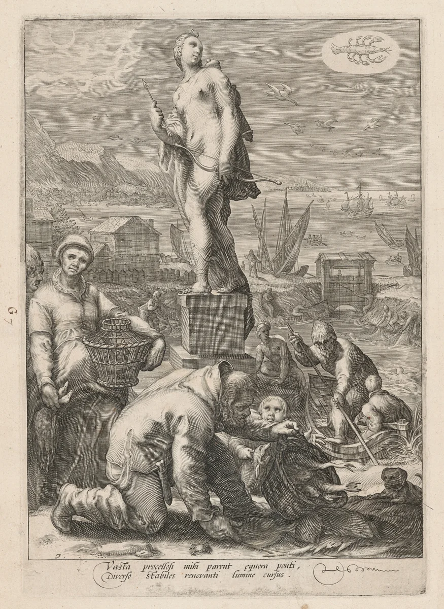 Diana Presiding Over Navigation and Fishing by Jan Pietersz Saenredam; Hendrick Goltzius, print, 1596