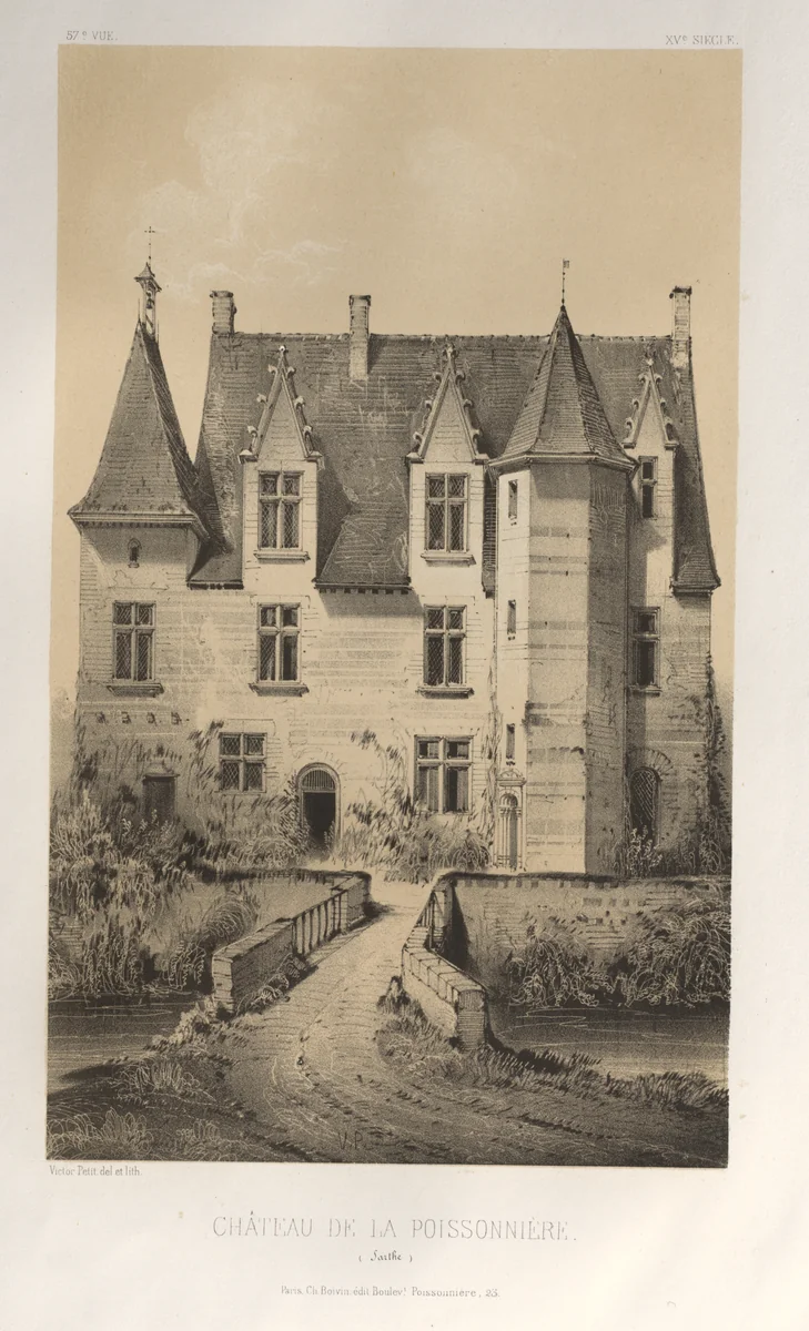Architecture Pittoresque ou Monuments des XVeme. Et XVIeme. Siecles: Chateaux de France des XV et XVI Siecles: Pl. 57, Château De La Poissonnière (Sarthe) by Victor Petit, print, 1860