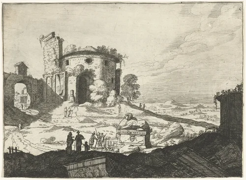 Landschap met een beeld van een sfinx by Laurens Barata, print, 1628-1656