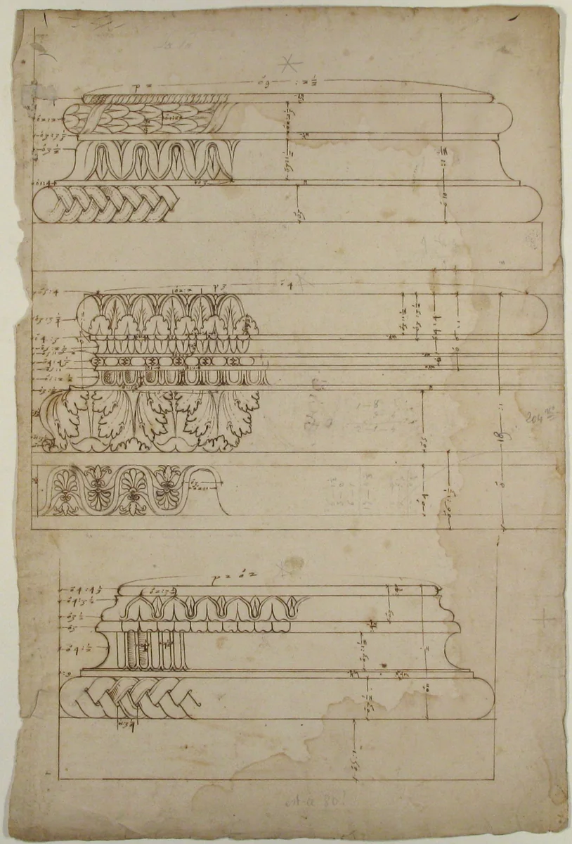 Unidentified, Composite base, elevation; Temple of Concordia, Composite base, elevation; Unidentified, Composite base, elevation (recto) blank (verso) by anonymous, drawing, 1540-1560