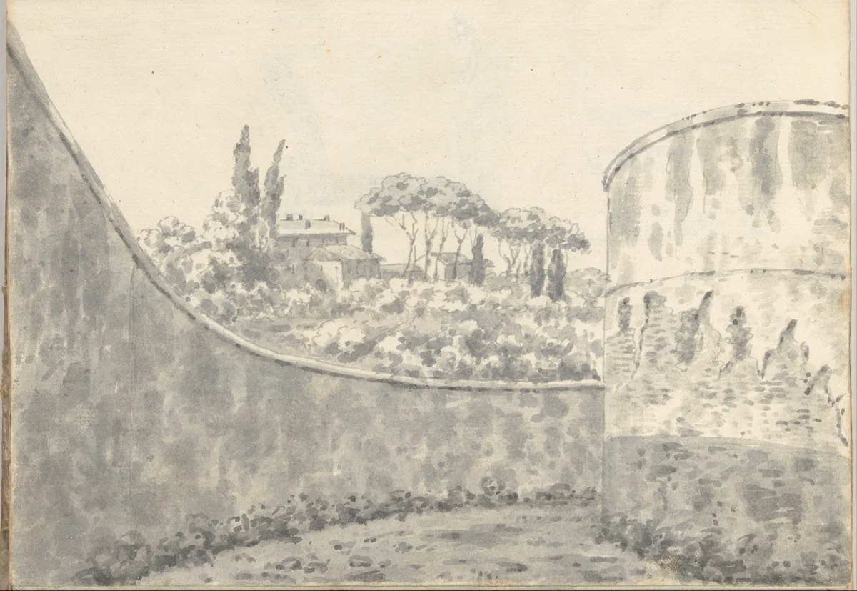 Curved wall, round tower and distant villa, near St. Peter's at Rome (Smaller Italian sketchbook, leaf 8 recto) by Joseph Wright, drawing, 1774-1775