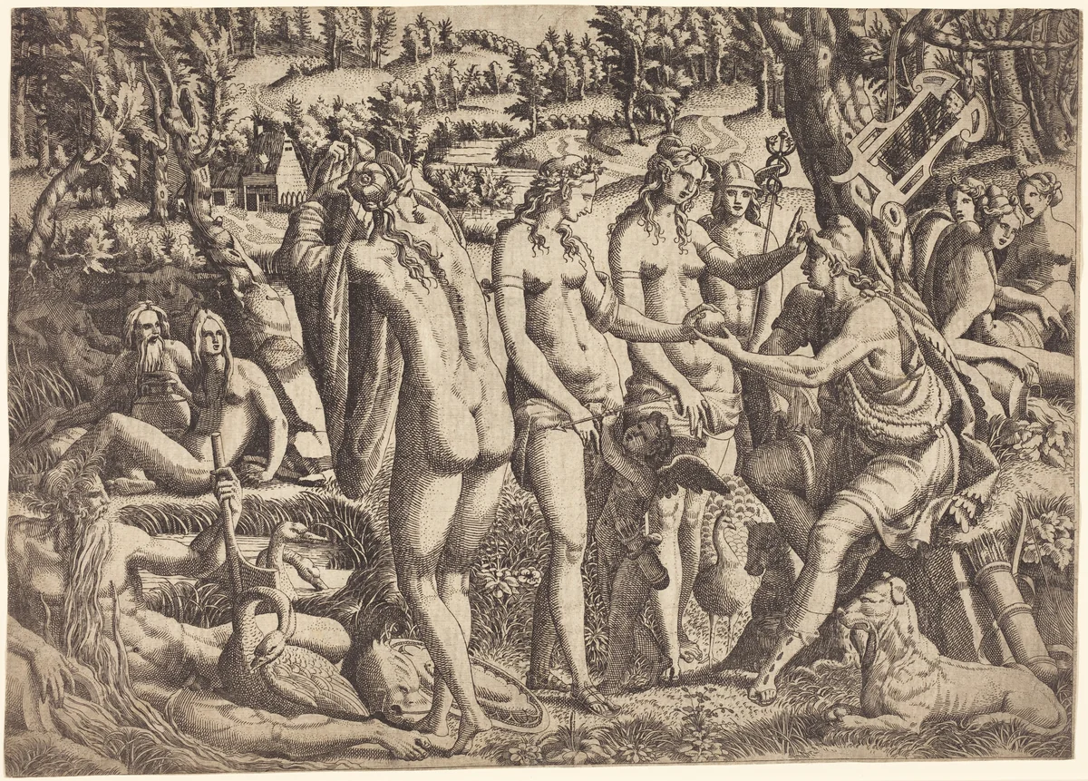 The Judgment of Paris by Jean Mignon, Luca Penni, print, 1523-1603