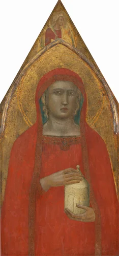 Saint Mary Magdalene, with an Angel [left panel] by Pietro Lorenzetti, painting, 1340