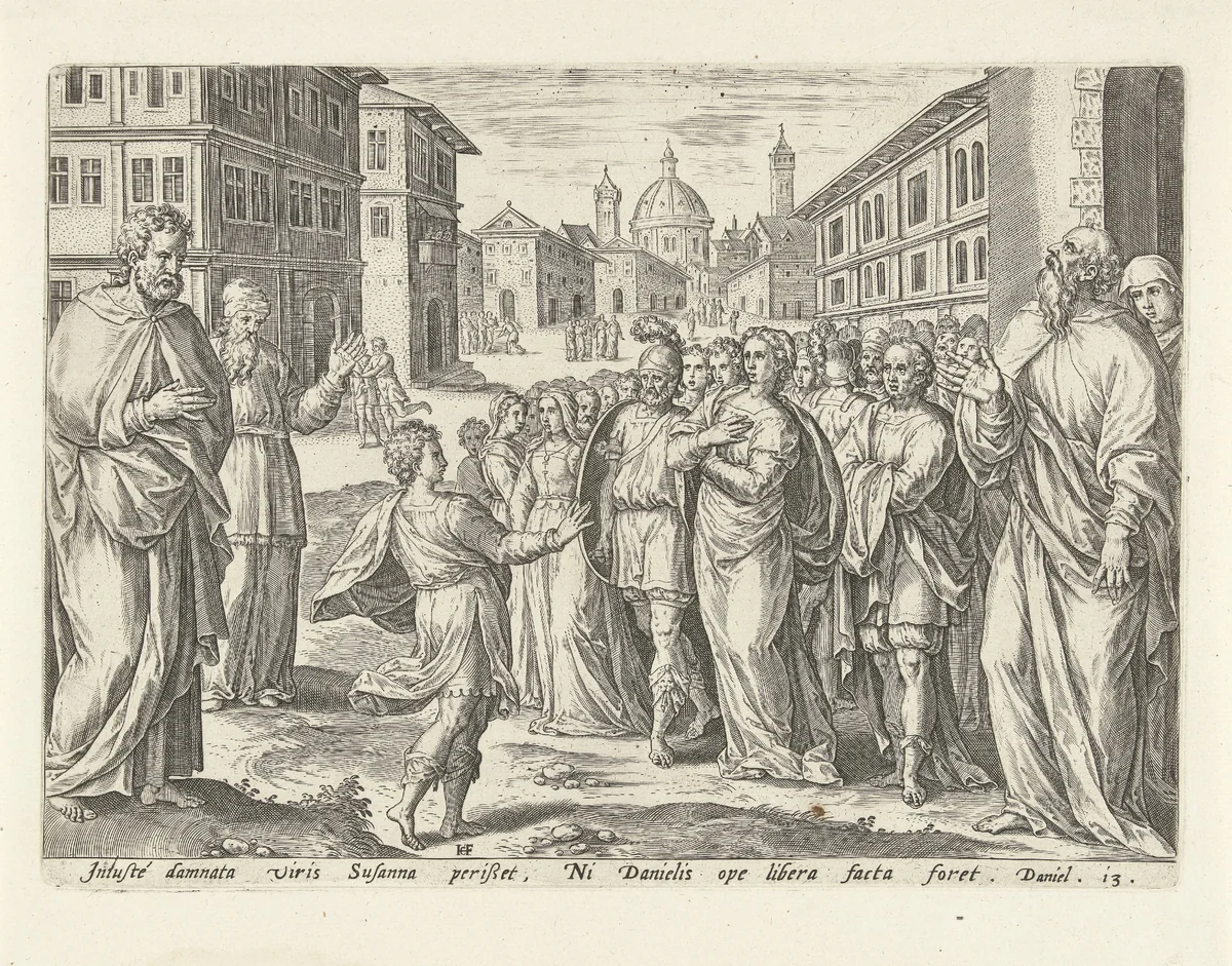 Susanna naar de rechtsplaats geleid by Unknown, print, 1579