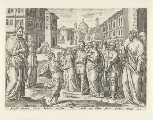 Susanna naar de rechtsplaats geleid by Unknown, print, 1579
