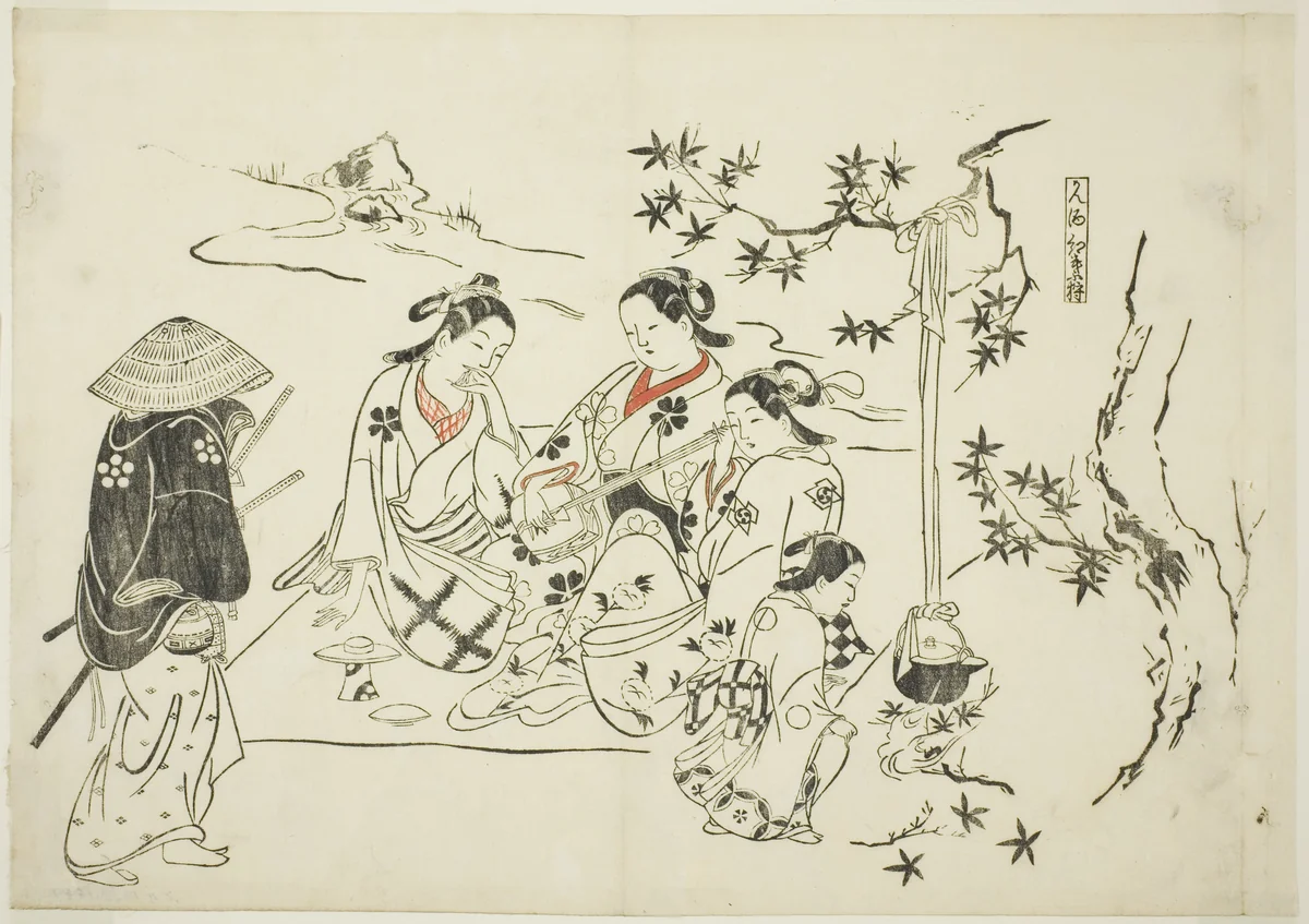 Heating Sake with Maple Leaves (Kanzake momijigari), no. 9 from a series of 12 prints depicting parodies of plays by Okumura Masanobu (奥村政信), print, 1711-1740