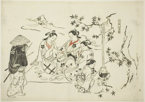 Heating Sake with Maple Leaves (Kanzake momijigari), no. 9 from a series of 12 prints depicting parodies of plays by Okumura Masanobu (奥村政信), print, 1711-1740