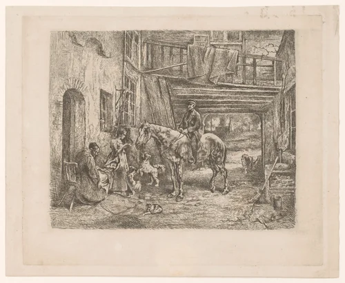 Binnenplaats met man te paard die een brief bezorgt aan een jonge vrouw by Jan Stobbaerts, print, 1848-1879