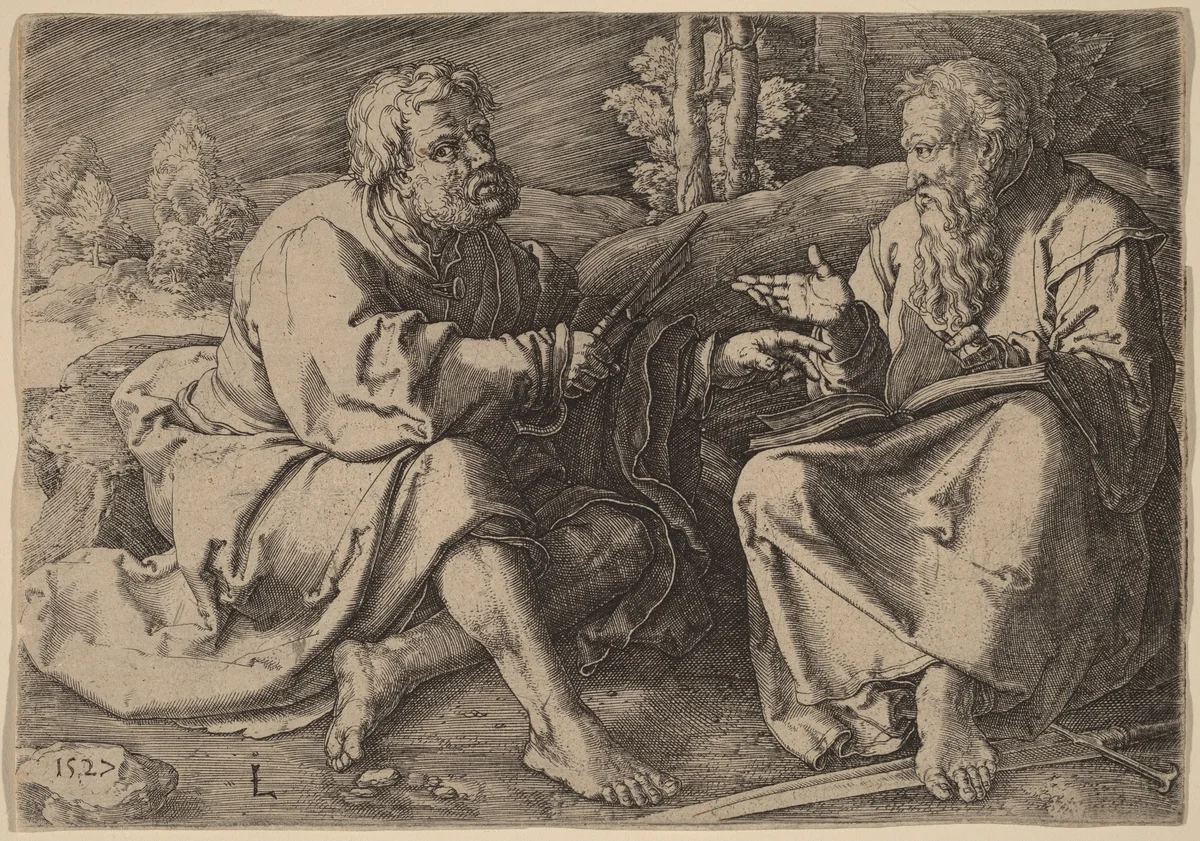 Saints Peter and Paul Seated in a Landscape by Lucas van Leyden, print, 1527