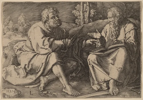 Saints Peter and Paul Seated in a Landscape by Lucas van Leyden, print, 1527