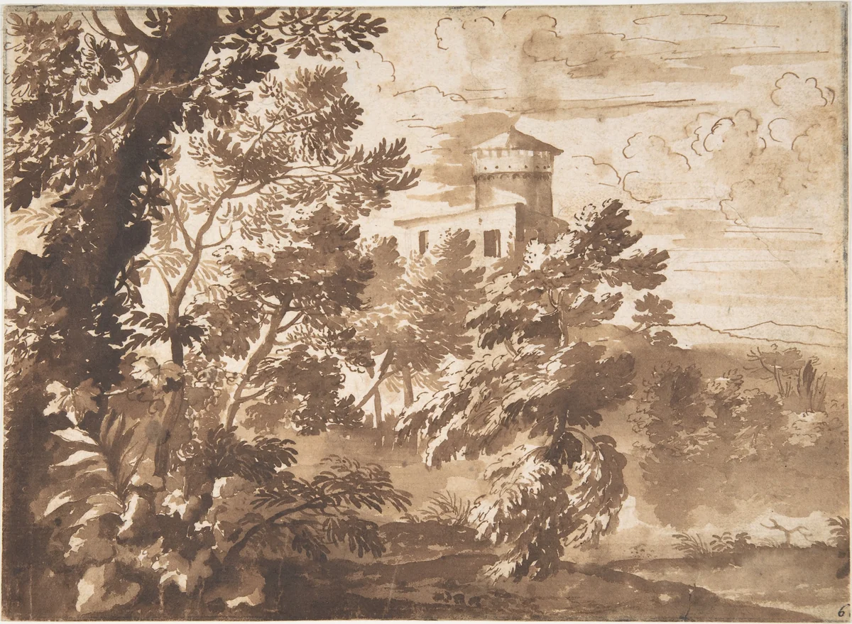 Wooded Landscape with a Tower by anonymous, drawing, 1600-1699