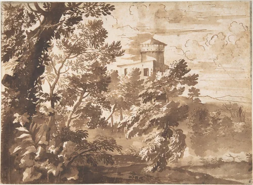 Wooded Landscape with a Tower by anonymous, drawing, 1600-1699