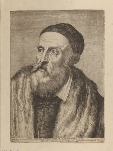 Portret van schilder Titiaan by Agostino Carracci, print, 1587