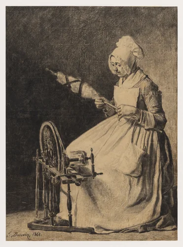 A Woman Spinning Flax by François Bonvin, drawing, 1861