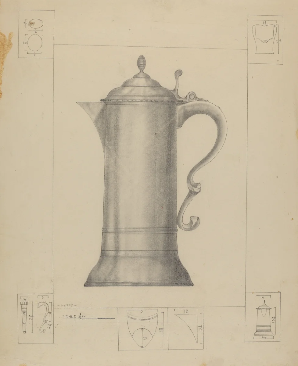 Pewter Flagon by Henry Meyers, index of american design, 1935-1942