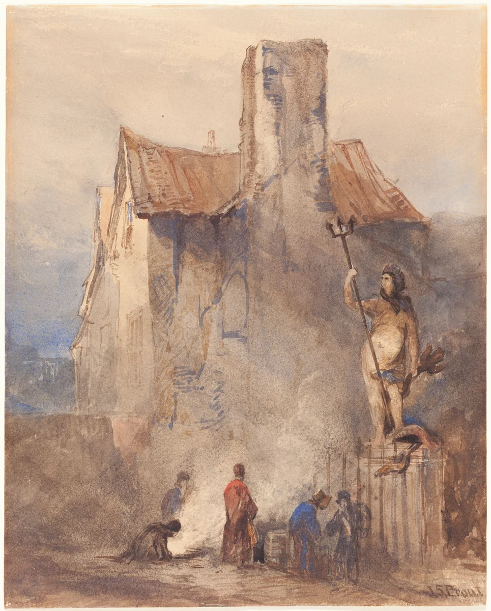 The Bristol Riots: The Burning in the Street by John Skinner Prout, drawing, 1806-1876