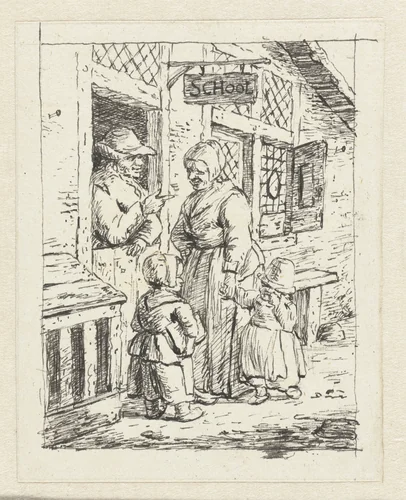 Moeder met twee kinderen voor de deur van een school by Christina Chalon, drawing, 1758-1808
