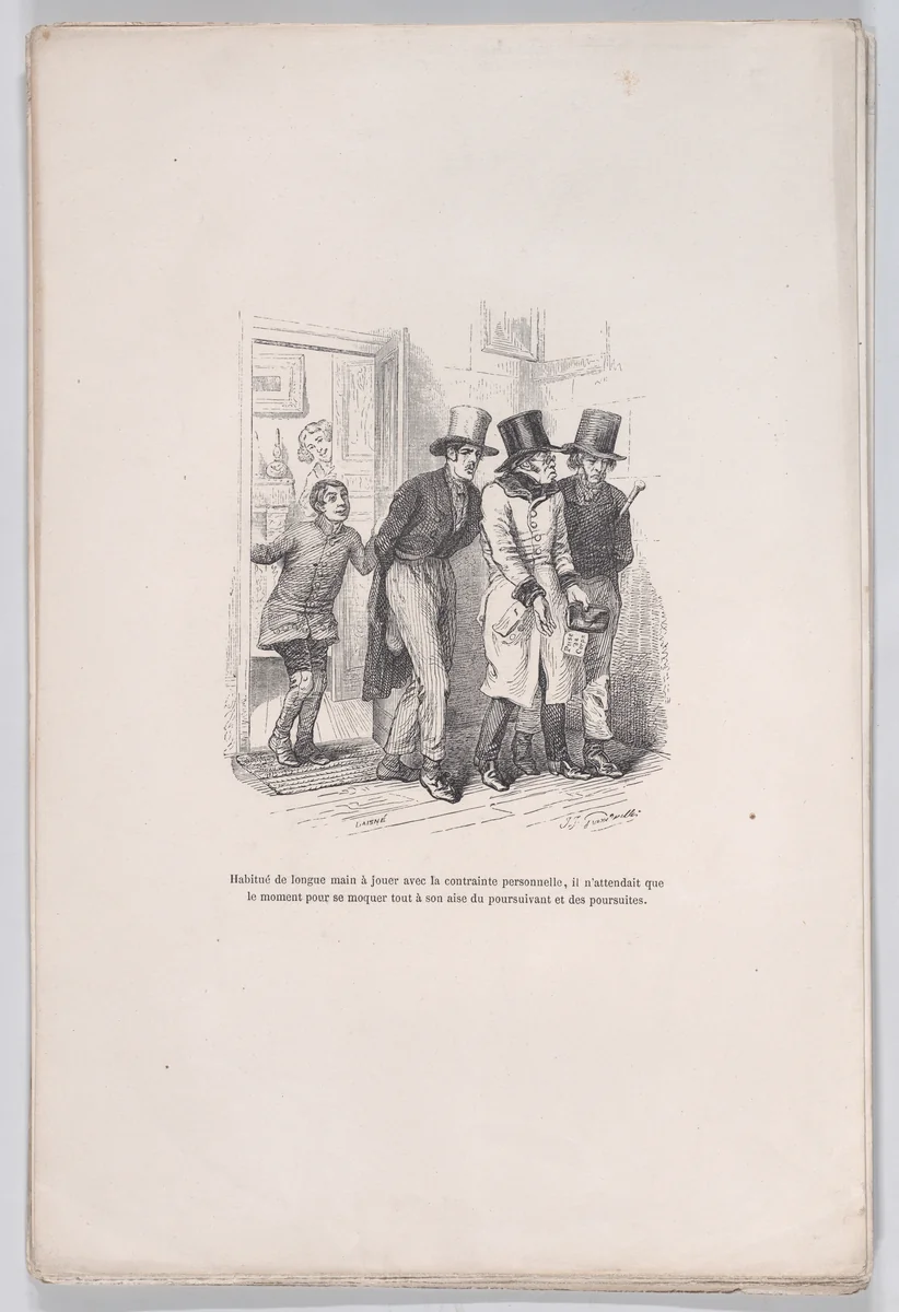 He was only waiting to make fun of the pursuer and the pursuit, from "Little Miseries of Human Life" by J. J. Grandville, print, 1843