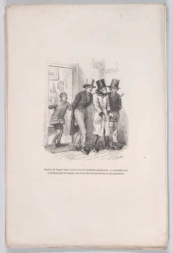 He was only waiting to make fun of the pursuer and the pursuit, from "Little Miseries of Human Life" by J. J. Grandville, print, 1843