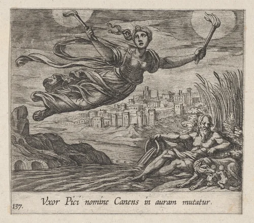 Plate 137: Canens Searching for Pics (Uxor Pici nomine Canens in auram mutatur), from Ovid's 'Metamorphoses' by Antonio Tempesta, print, 1606